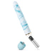 Blue and white marbled slim vibrator with removable cap and AA battery shown separately on white background.