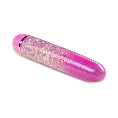 Pink slimline vibrator with glittery celestial design and smooth rounded tip on white background.