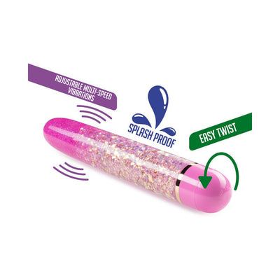 Pink slimline vibrator with glitter design, featuring adjustable multi-speed vibrations and easy twist control, splashproof finish.