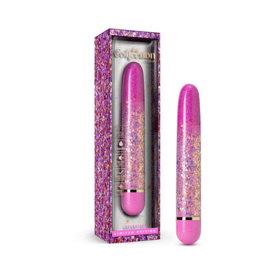 Pink slimline vibrator with glitter design next to matching decorative box labeled limited edition.