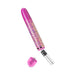 Pink slimline vibrator with glitter design, shown with open battery compartment and AA battery next to cap.