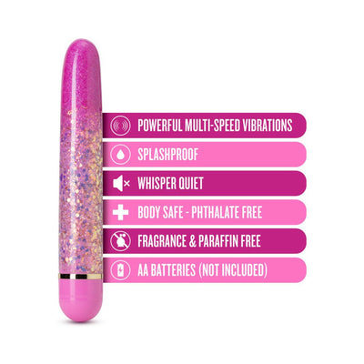 Pink slimline vibrator with glitter design and feature icons highlighting multi-speed vibrations, splashproof, quiet, and body-safe qualities.