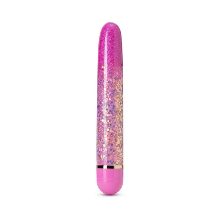 Pink slimline vibrator with glittery celestial design and gold accent band on white background