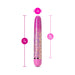 Pink slimline vibrator with glitter design, measuring 7 inches long and 1 inch wide, featuring a smooth rounded tip.