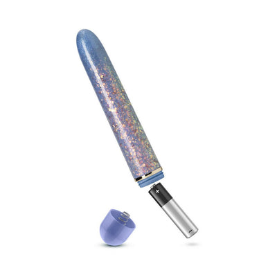 Periwinkle slimline vibrator with glitter finish, shown with removable cap and AA battery.