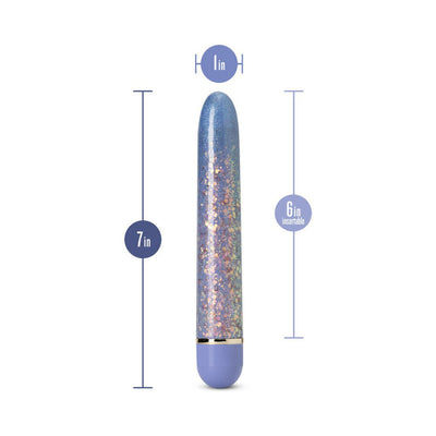 Slimline periwinkle vibrator with glitter design, 7 inches long and 1 inch wide, featuring 6-inch insertable length.