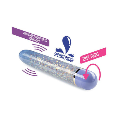 Periwinkle slimline vibrator with glitter design, splashproof and adjustable multi-speed vibrations with easy twist control.