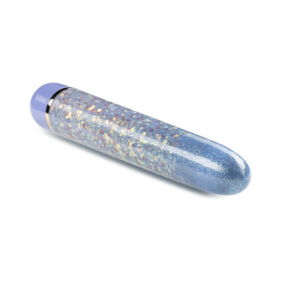 Slimline vibrator in periwinkle with a glittery, speckled design and smooth rounded tip for discreet relaxation.