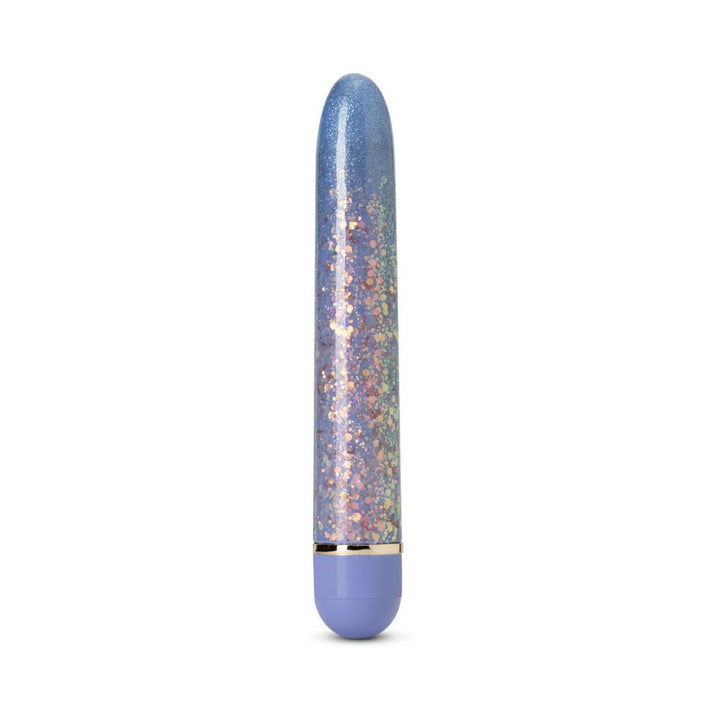 Slimline vibrator in shimmering periwinkle with iridescent glitter and a twist dial base for adjustable vibration.