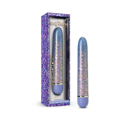 Periwinkle slimline vibrator with glitter design and gold accent, shown with matching decorative box packaging.