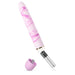 Pink and white marbled slim vibrator with removable cap and AA battery shown separately on white background