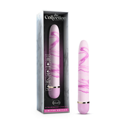 Pink slim vibrator with purple swirl design, shown with packaging labeled The Collection Strawberry Fields Limited Edition.