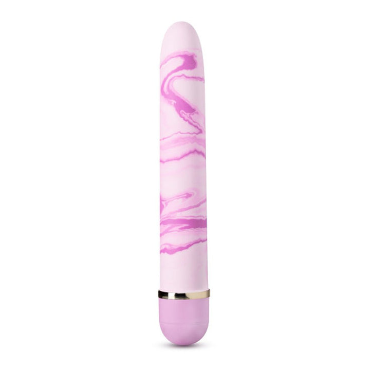 Pink and white marbled slim vibrator with a twist dial base and silver accent ring.