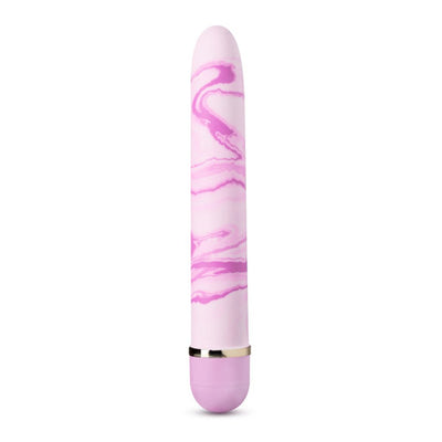 Pink and white marbled slim vibrator with a twist dial base and silver accent ring.