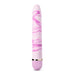 Pink and white marbled slim vibrator with a twist dial base and silver accent ring.
