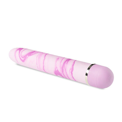 Pink and white marbled slim vibrator with a rounded tip and silver accent ring on a white background.