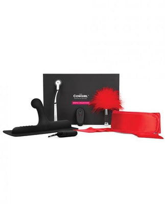 The Cowgirl Afternoon Delight Erotic Collection with black G-spot attachment, remote control, feather tickler, satin blindfold, and sensory pinwheel.