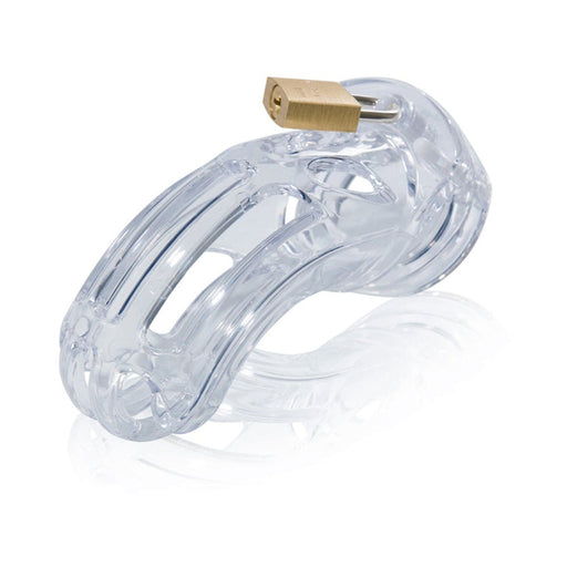 Clear medical-grade polycarbonate male chastity device with integrated brass padlock and vented design.