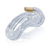 Clear medical-grade polycarbonate male chastity device with integrated brass padlock and vented design.