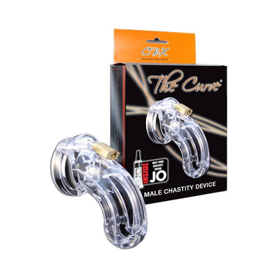 The Curve male chastity device in clear polycarbonate with brass lock displayed next to its black and orange packaging box.