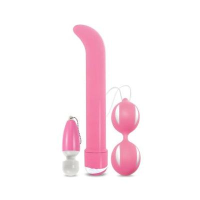 Pink special edition toy kit featuring a mini keychain vibrator, curved G-spot vibrator, and duotone kegel balls.