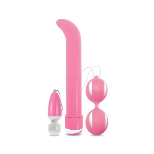 Pink special edition toy kit featuring a mini keychain vibrator, curved G-spot vibrator, and duotone kegel balls.