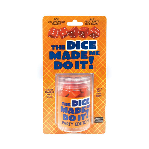 The Dice Made Me Do It Party Edition adult dice game in orange packaging with blue text and red dice illustration.