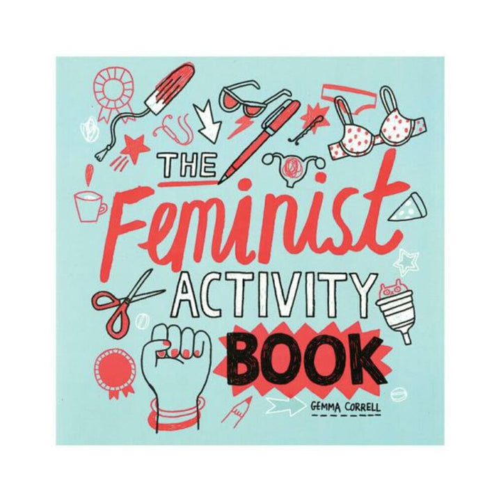 Cover of The Feminist Activity Book by Gemma Correll with playful feminist-themed illustrations on a light blue background.