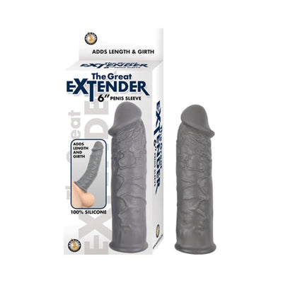 Grey realistic textured silicone penis sleeve with packaging labeled The Great Extender 6 inches for length and girth enhancement.