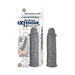 Grey realistic textured silicone penis sleeve with packaging labeled The Great Extender 6 inches for length and girth enhancement.
