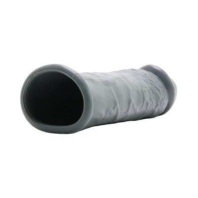 Grey realistic textured silicone penis sleeve extender with open ends, designed for length and girth enhancement.