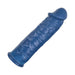 Blue realistic textured silicone penis sleeve extender with detailed veining and a rounded tip.