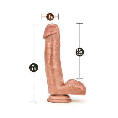 Realistic Latin brown dildo with suction base, measuring 7 inches long and 1.5 inches wide, showing detailed texture and dimensions.