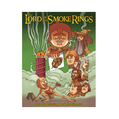 Cover of The Lord Of The Smoke Rings parody coloring book featuring stoner-themed fantasy characters and smoke effects.