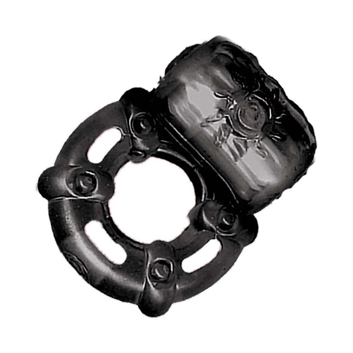 Black vibrating cock ring with textured nubs and compact design for enhanced pleasure and comfort.