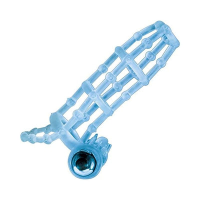 Blue flexible vibrating cock cage with open lattice design and attached bullet vibrator.