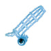 Blue flexible vibrating cock cage with open lattice design and attached bullet vibrator.