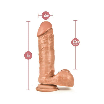 Realistic flesh-toned dildo with suction cup base, 8 inches long, 6.25 inches insertable length, and 1.75 inches diameter.