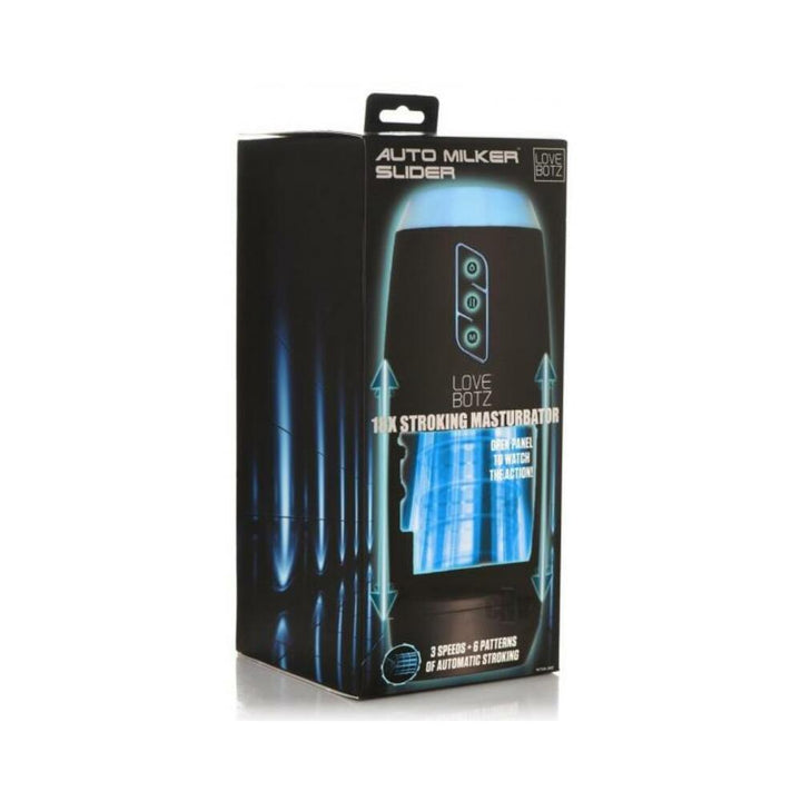 Packaging box of the Auto Milker Slider 18x stroking masturbator with product image and feature highlights.