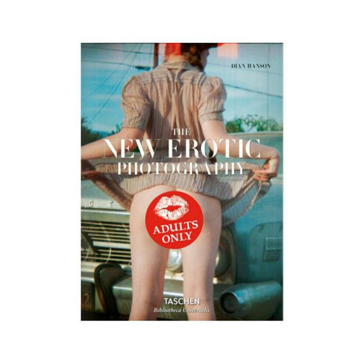 Cover of The New Erotic Photography book showing a vintage-style photo of a person lifting their dress by a classic car, with an adults only label.