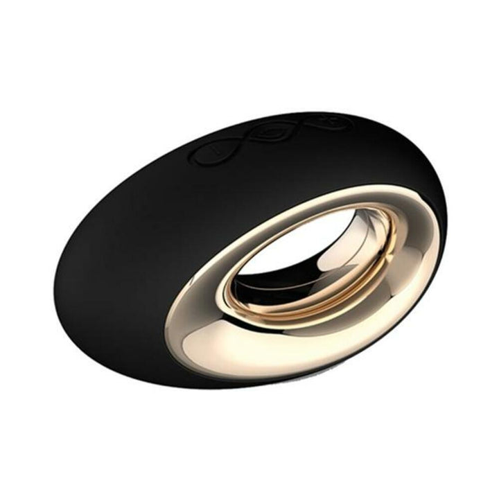 Sleek black and gold oval-shaped personal massager with smooth ergonomic design and control buttons on top.