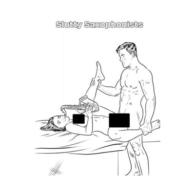 Black and white adult coloring book illustration titled Slutty Saxophonists featuring a playful couple with a saxophone.