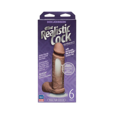 Packaging of The Realistic Cock 6 inch by Doc Johnson featuring dual-density ULTRASKYN material and removable suction cup base.