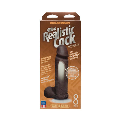 Packaging of The Realistic Cock 8 inch by Doc Johnson showing product features and dual-density ULTRASKYN material.