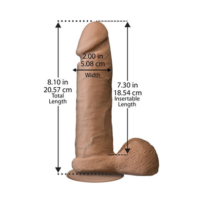 Realistic 8-inch dildo with detailed texture and suction cup base, showing measurements for length and width.
