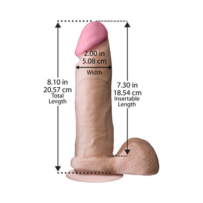 Realistic 8.1 inch silicone adult toy with detailed texture and suction cup base, showing measurements for length and width.