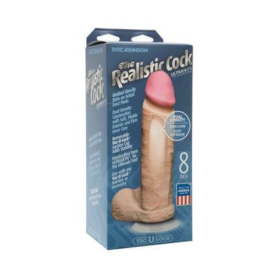 Packaging box of The Realistic Cock 8 inch with detailed product features and image of the lifelike dual-density toy.