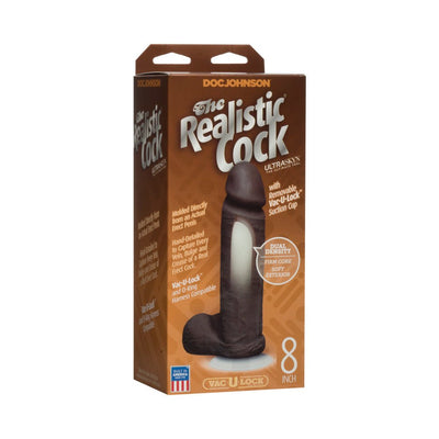 Packaging box of The Realistic Cock 8 inch by Doc Johnson featuring product image and key features on a brown background.