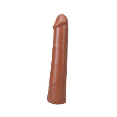 Caramel-colored 9-inch realistic dildo with smooth texture and Vac-u-lock compatible base.