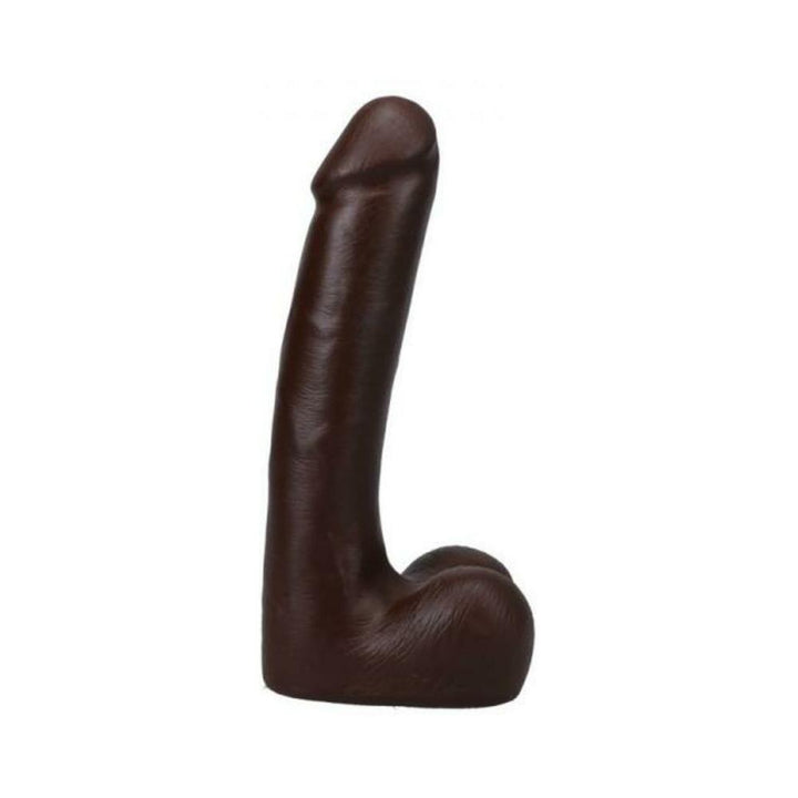Chocolate-colored realistic 9-inch dildo with detailed texture and attached balls, standing upright on a white background.